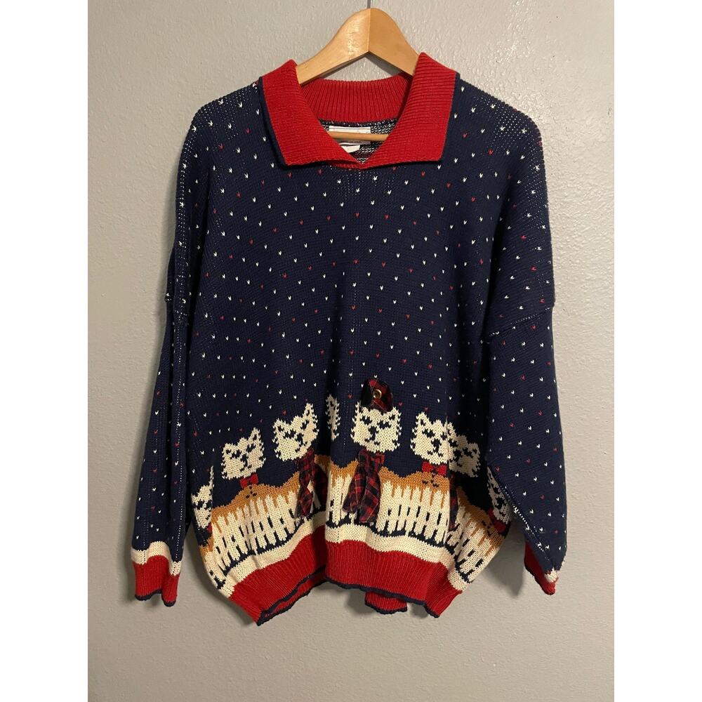 Vintage Sweater Loft Sweater Womens 3X Blue Dog Fence Collared Knit Ugly 90s